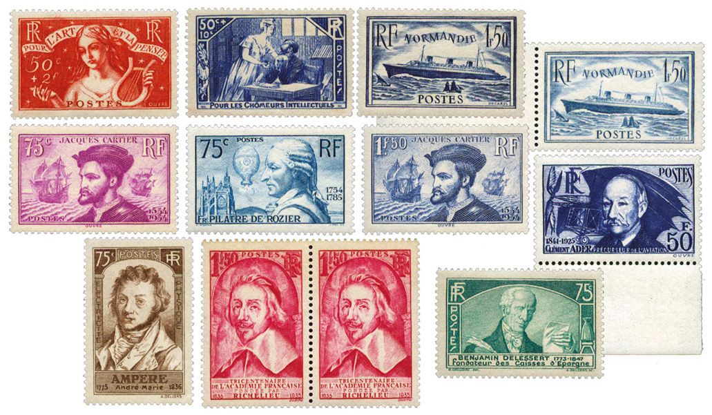 France : n° 296/297**, 299/300**, 303**, 305**(x2), 307/308**, 310**, 313**, 398**