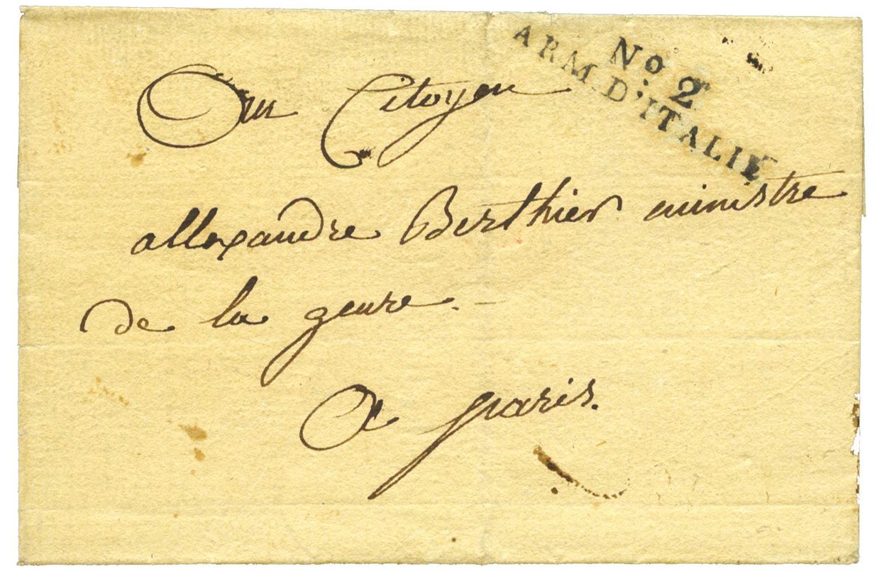 France : n° 2/ARM. D´Italie sur lettre sans texte adressée à Alexandre Berthier, ministre de la guerre à Paris.