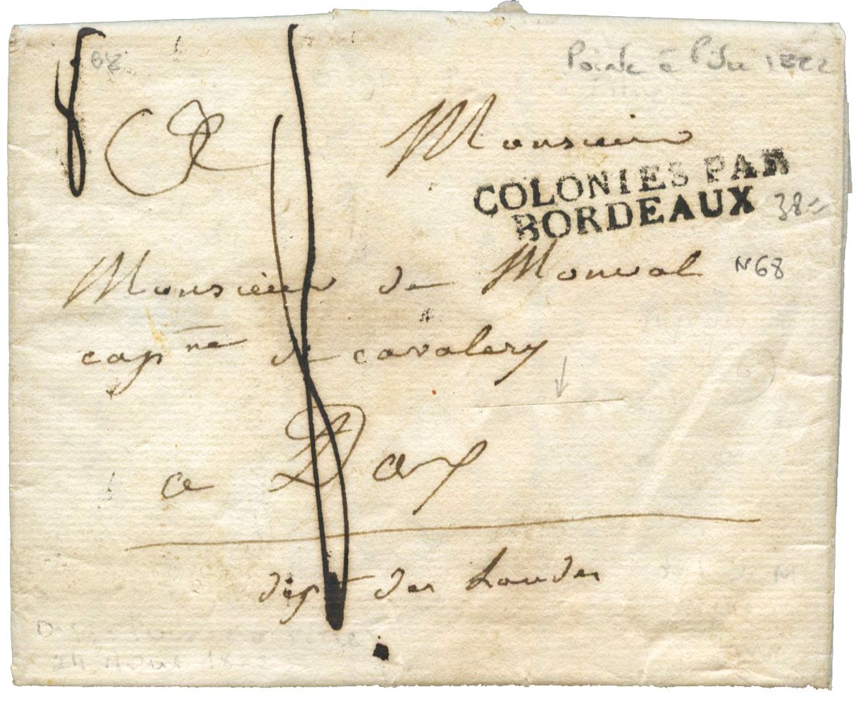 Guadeloupe : Lettre de Pointe à Pitre 1822 avec griffe COLONIES PAR/BORDEAUX  + Taxe 8 manuscrite pour DAX.