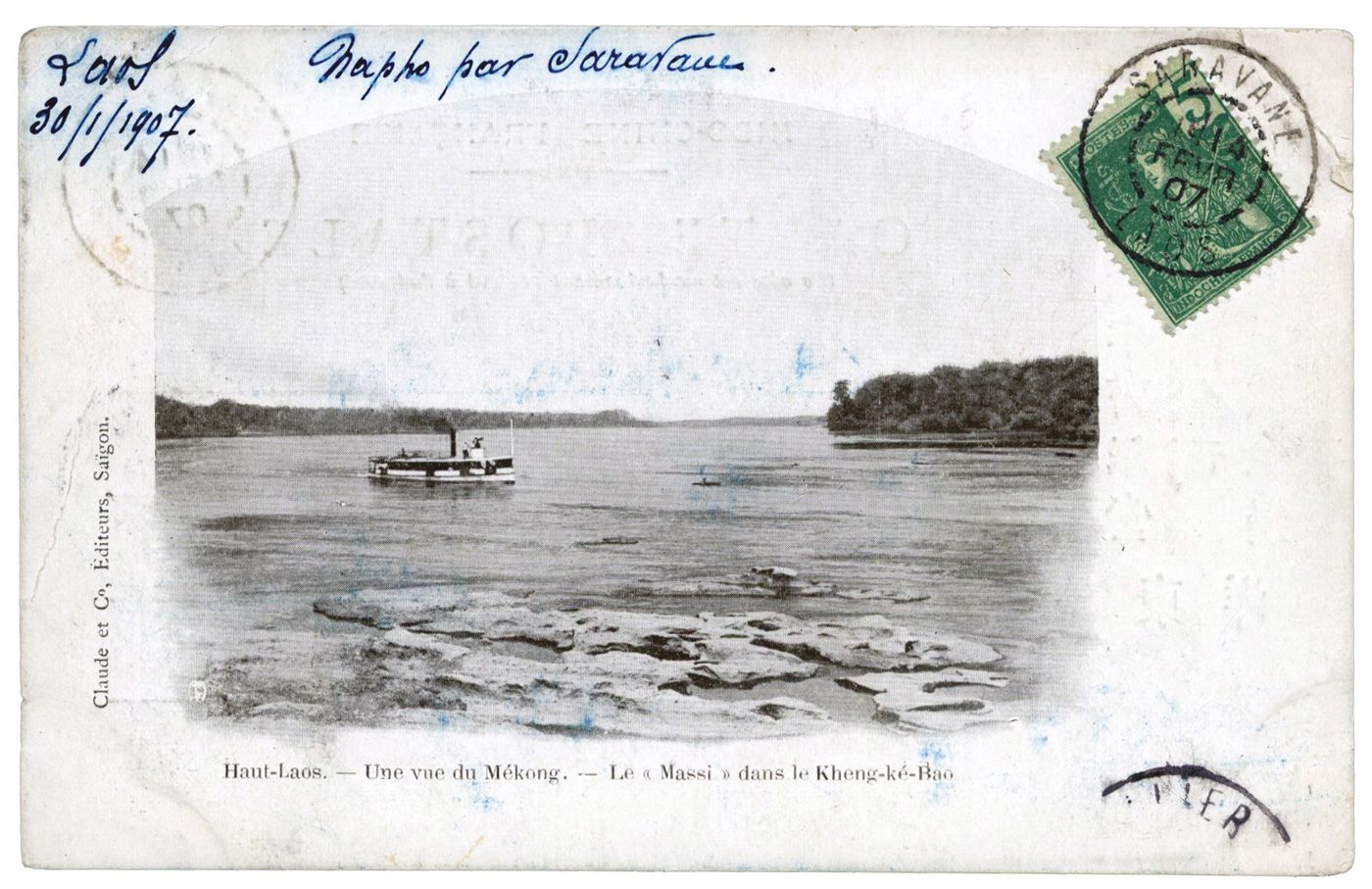 Indochine : 5 c. vert obl. SARAVANE/LAOS 14/FEV/07 pour l´Hérault puis retournée, arrivée le 28/FEVR./07
