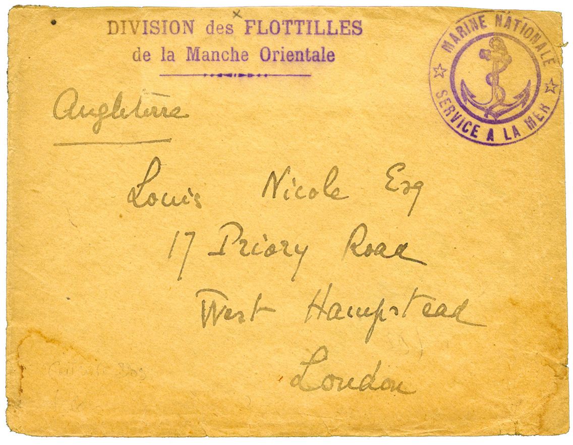 France : Lettre en Franchise Militaire avec cachets violets DIVISION des FLOTTILLES de la Manche Orientale + MARINE NATIONALE (cachet ancre) et bande de censure au verso. TB.