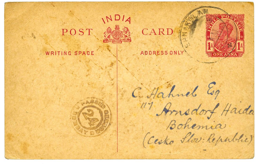Indes anglaises : Entier Postal obl. de ERNAKULAM pour la Tchécoslovaquie avec cachet de censure (1919)