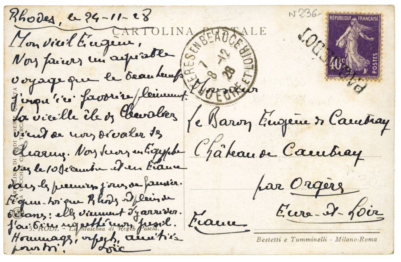 France : n° 236 annulé griffe PAQUEBOT + au verso BEYROUTH / PAQUEBOT 27/11/28 sur CP de RHODES pour ORGERES France : n° 236 annulé griffe PAQUEBOT + au verso BEYROUTH / PAQUEBOT 27/11/28 sur CP de RHODES pour ORGERES