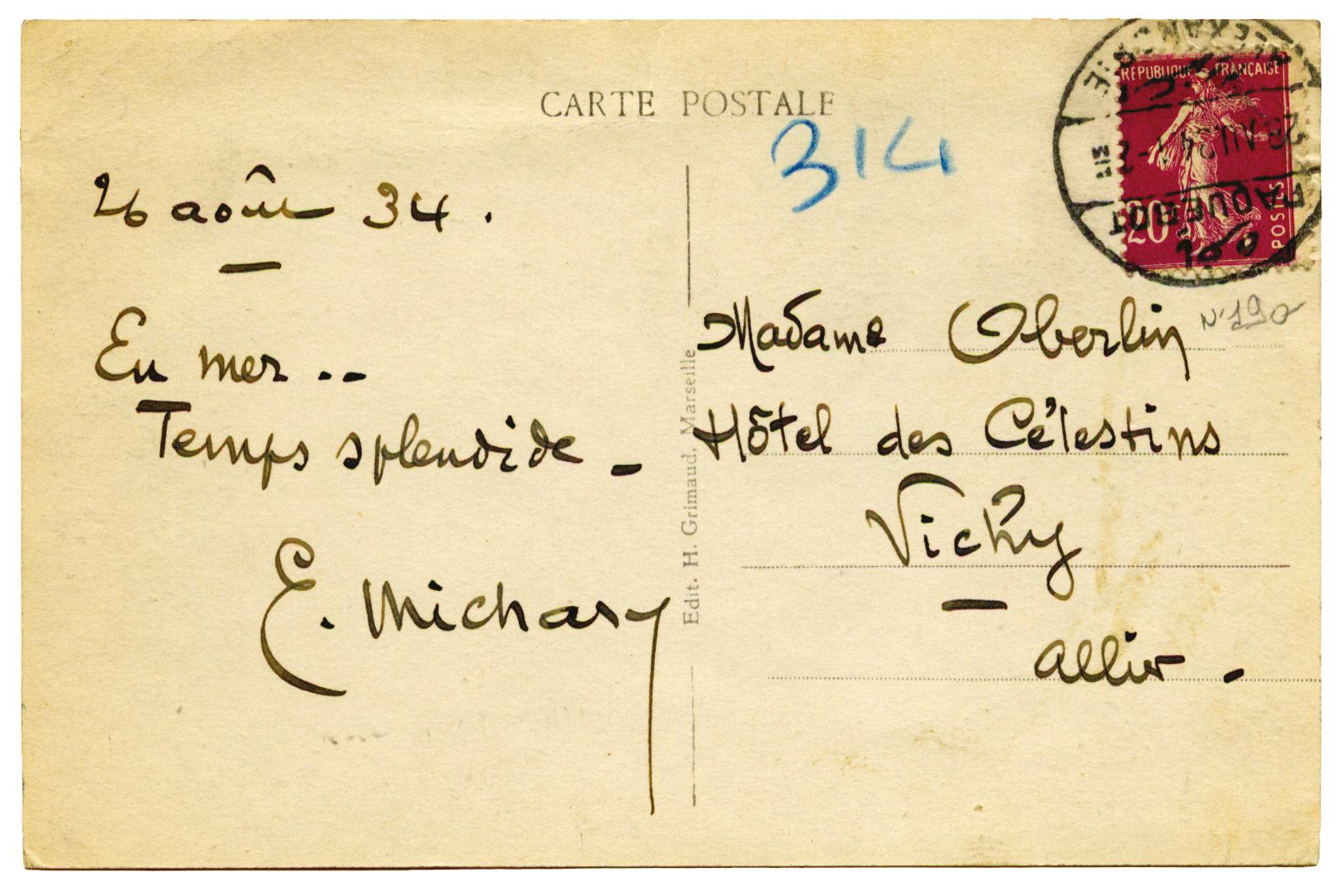 France : n° 190 obl. cachet PAQUEBOT / ALEXANDRIE 28/AV./34 sur CP Paquebot des Messageries Maritimes S/S SPHINX