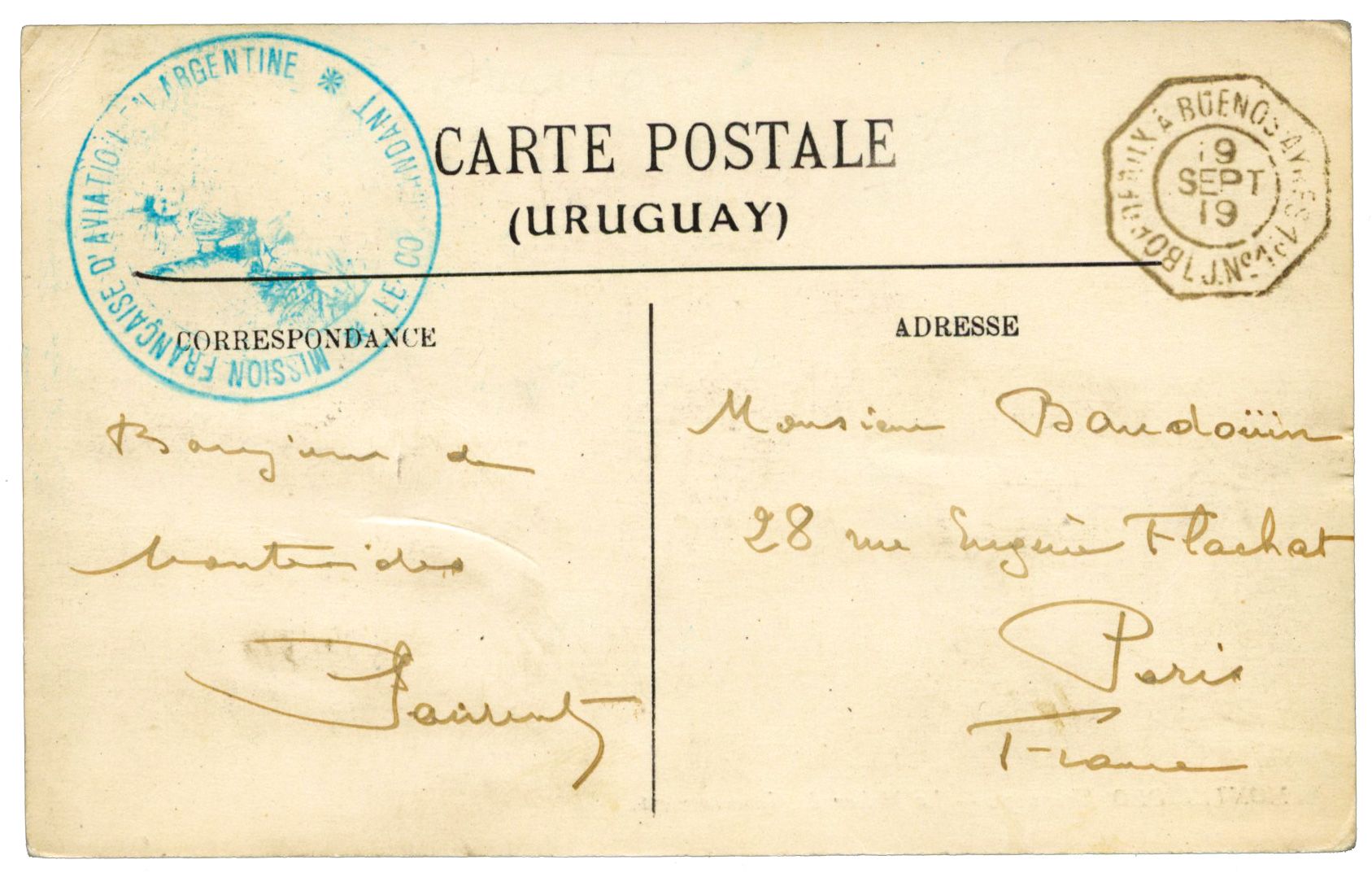 France : Carte postale en franchise de Montevideo avec càd octogonal à cercle intérieur BORDEAUX A BUENOS AYRES 1° L.J. n° 1 (1919) + cachet bleu turquoise avec déesse assise MISSION FRANCAISE D´AVIAT
