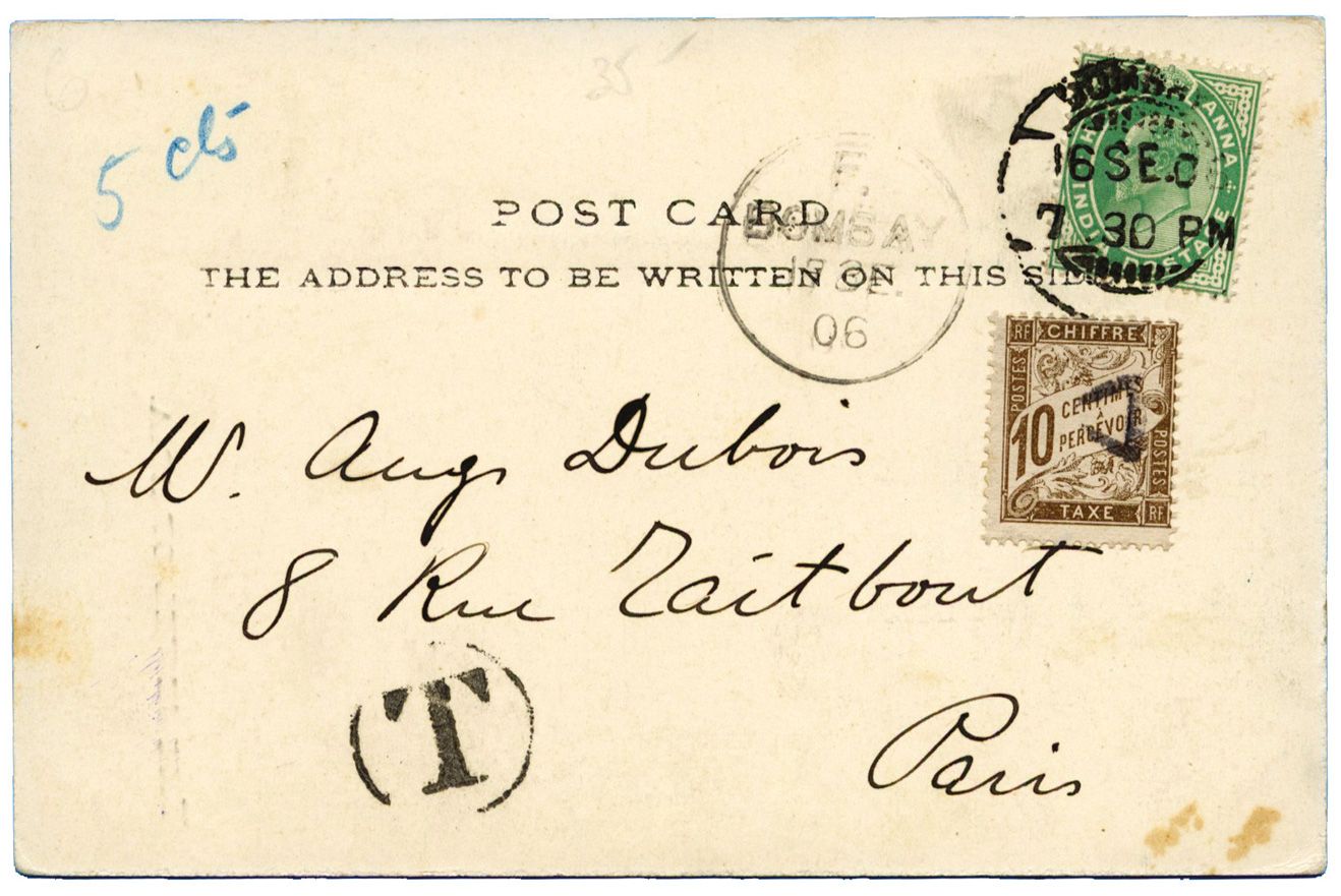 Indes anglaises : CPA de Bombay pour Paris taxée à l´arrivée (Timbre Taxe 10 c.)