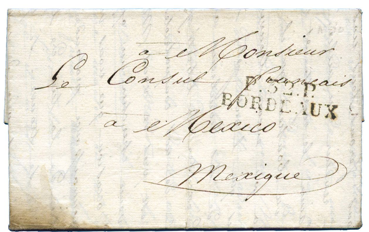 France : Lettre datée de Paris 12/JUIN/1829 pour le Consul français à Mexico avec marque postale en noir P.32.P. / BORDEAUX