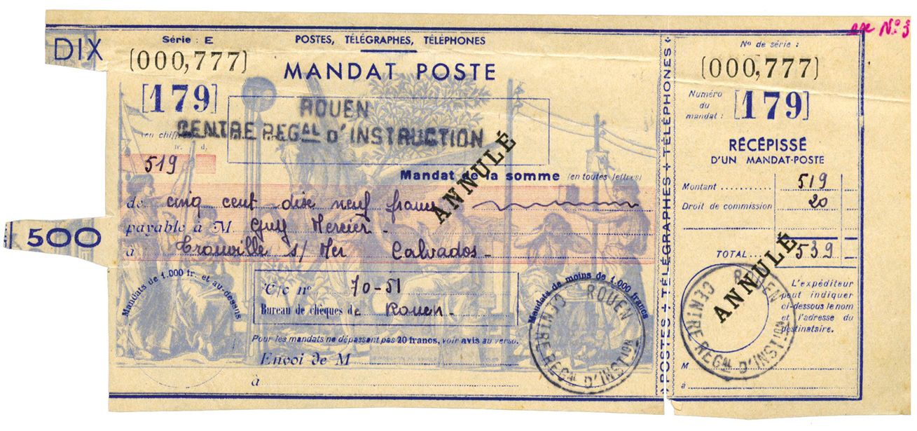 France : Mandat poste en bleu surchargé ANNULE + linéaire ROUEN / CENTRE REGal D´INSTRUCTION