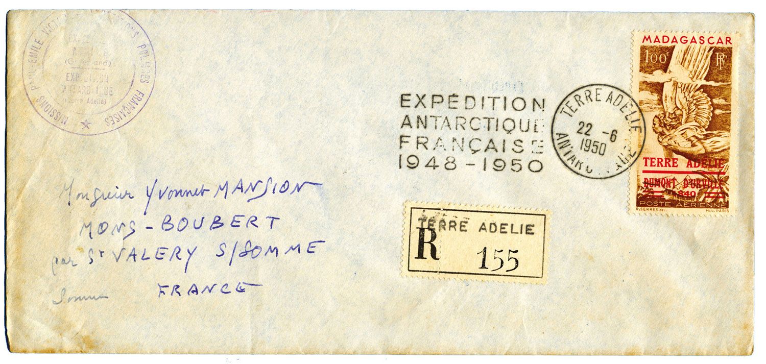 TAAF : PA n° 1 obl. TERRE ADELIE 22/6/1950 sur pli Rec. pour ST VALERY SUR SOMME avec arrivée